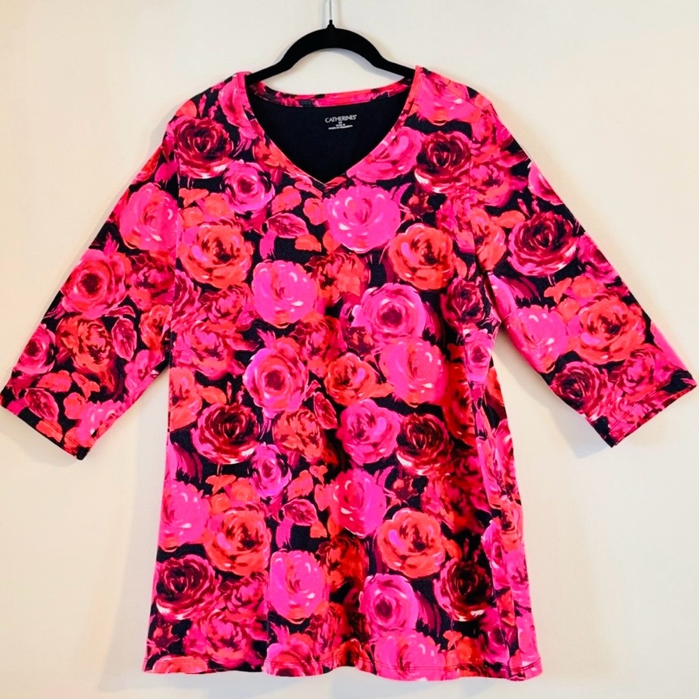 Catherines Pink and Red Rose Floral Blouse Size 14/16